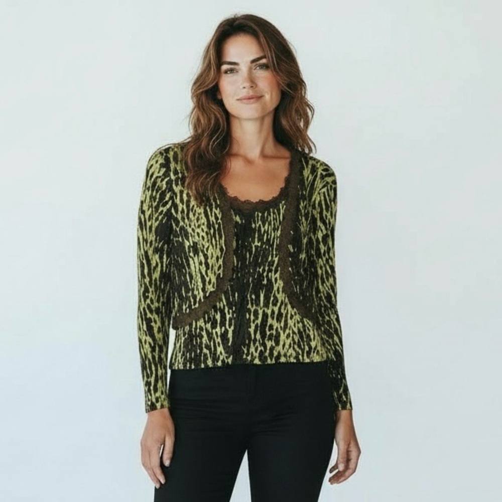 Dolcetti Silk Women's Green & Black Leopard‎ Print & Lace Cardigan & Tank Top